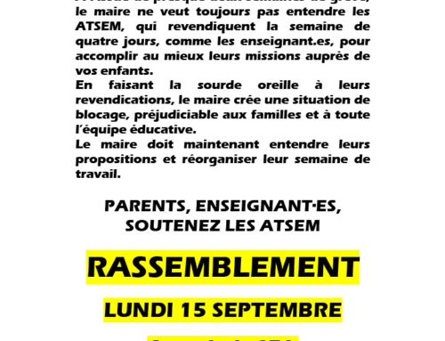 La lutte des ATSEM à Lormont continue ! Rassemblement lundi 14 septembre